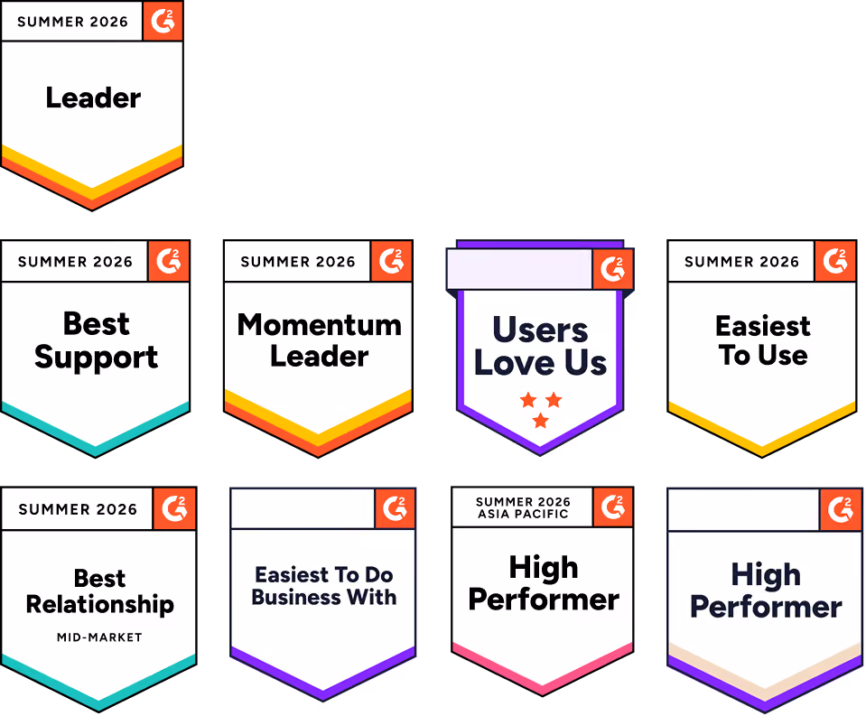 G2 Summer 2026 badges: Leader, Best Support, Momentum Leader, Users Love Us, Easiest To Use and more