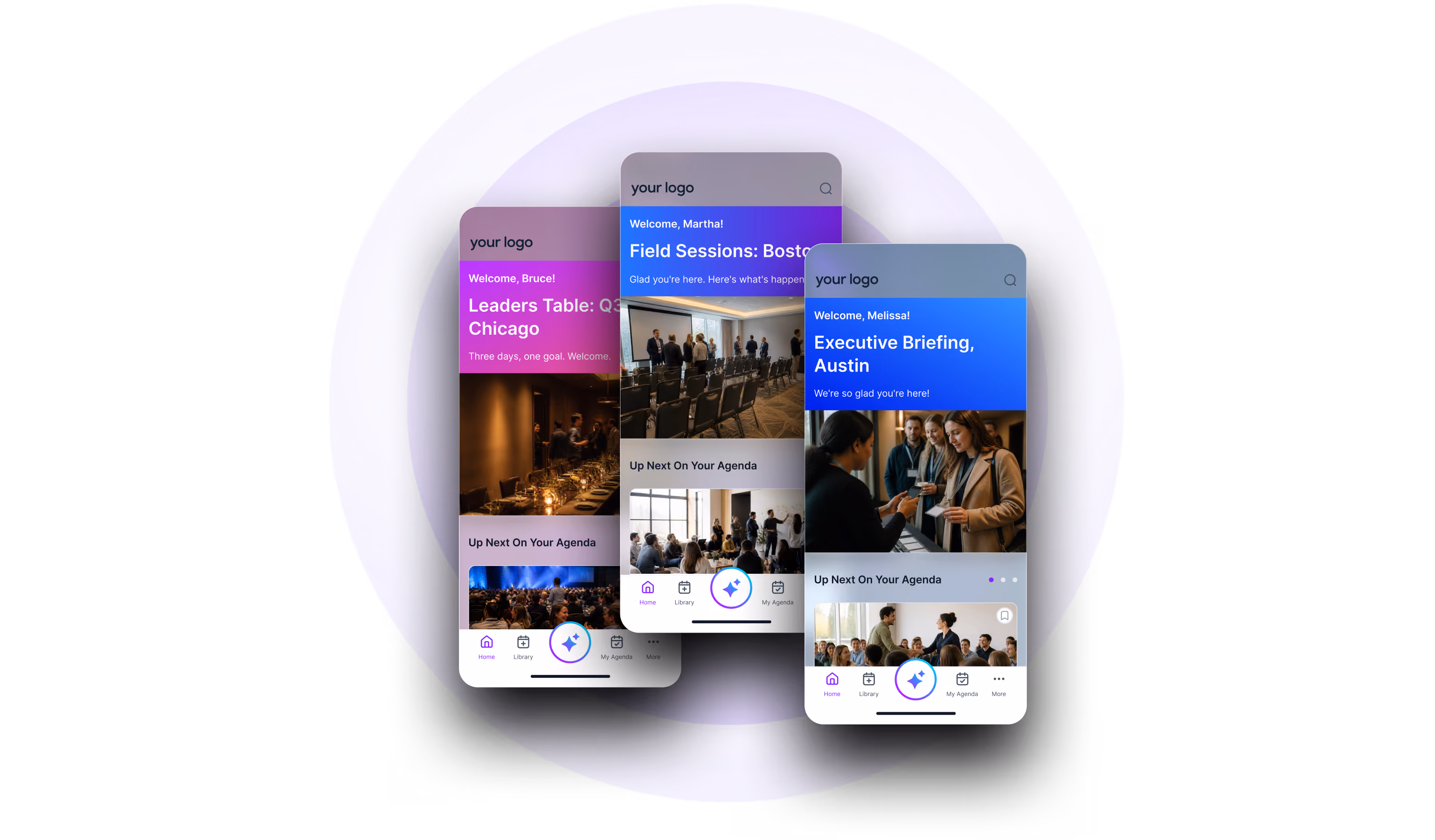 Mobile screen showing DocuSign Discover 25 event welcome message, a survey invitation, and a message from Tricia, with an app dashboard visible in the background.