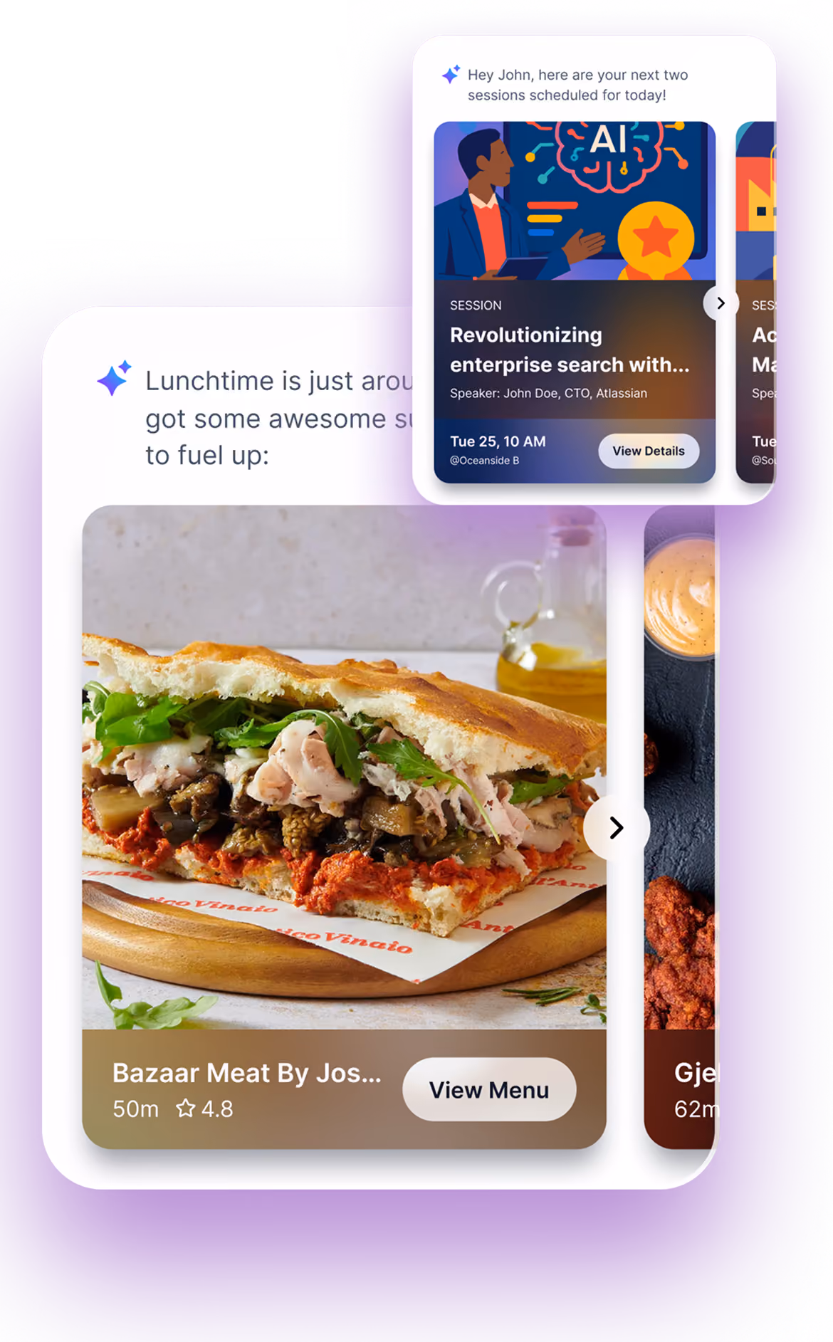 Mobile app screen showing event highlights with Copilot AI innovation, top sponsors info, AWS sponsor popup, and navigation bar.