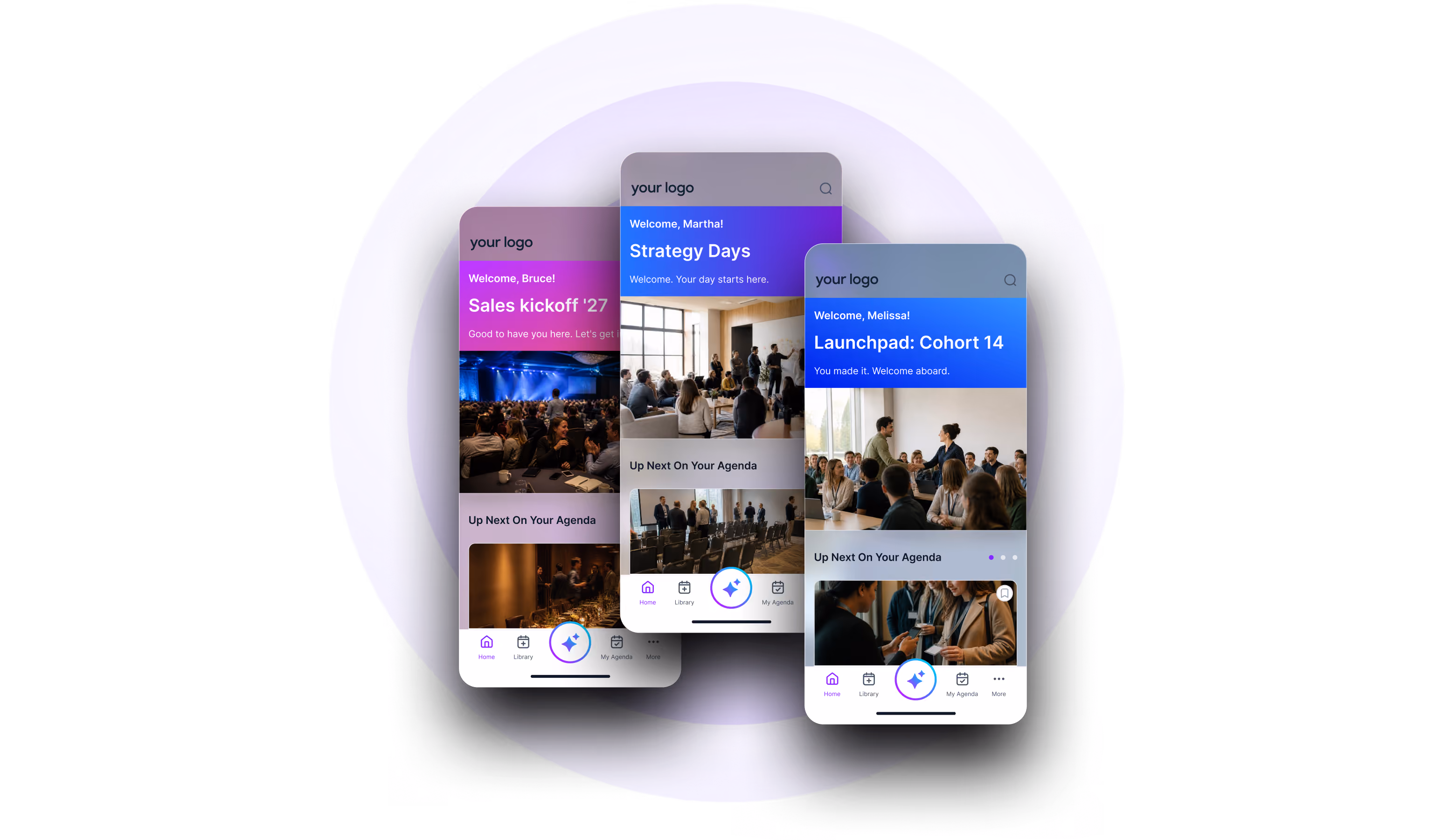 Mobile screen showing DocuSign Discover 25 event welcome message, a survey invitation, and a message from Tricia, with an app dashboard visible in the background.