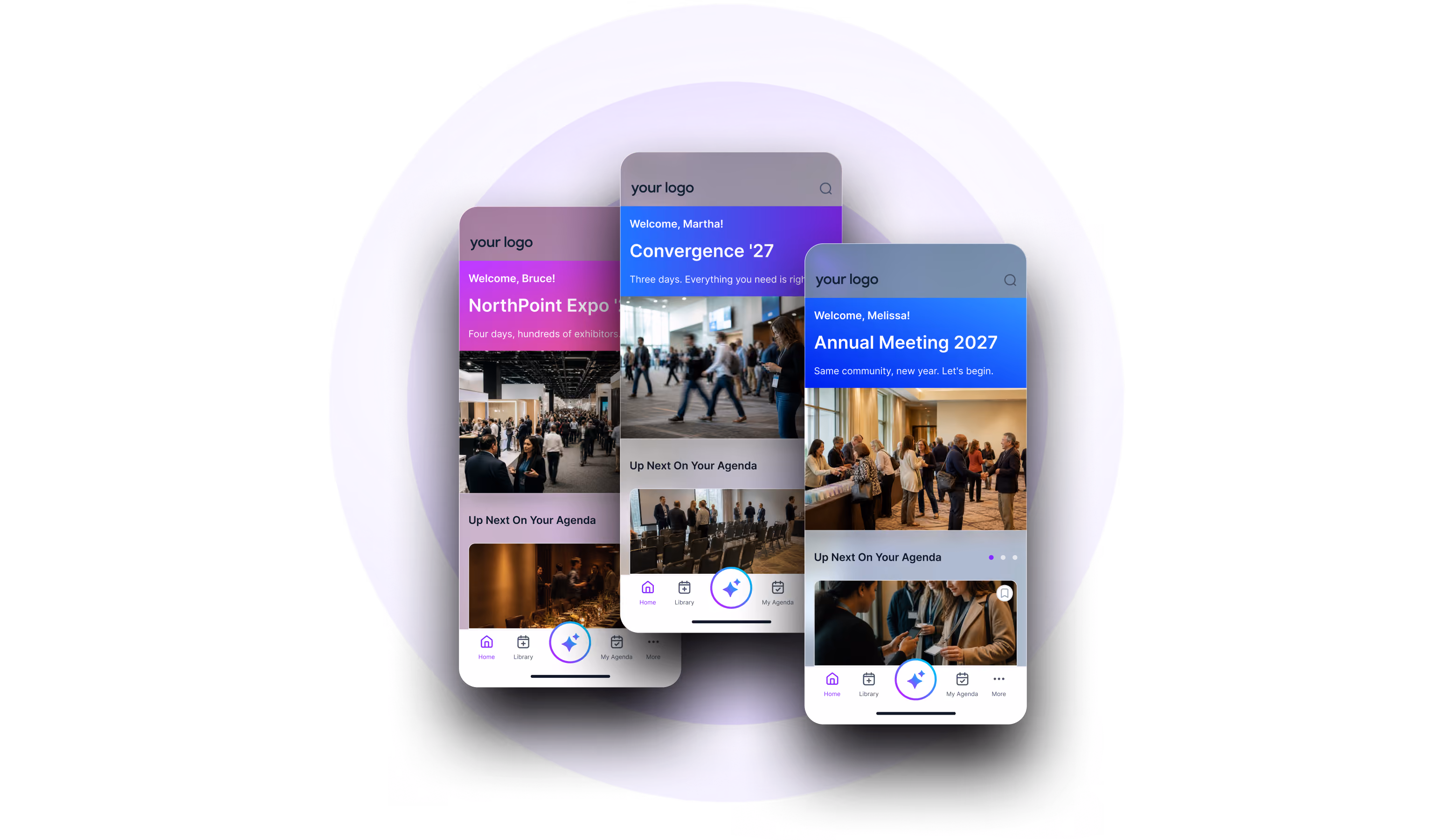 Mobile screen showing DocuSign Discover 25 event welcome message, a survey invitation, and a message from Tricia, with an app dashboard visible in the background.