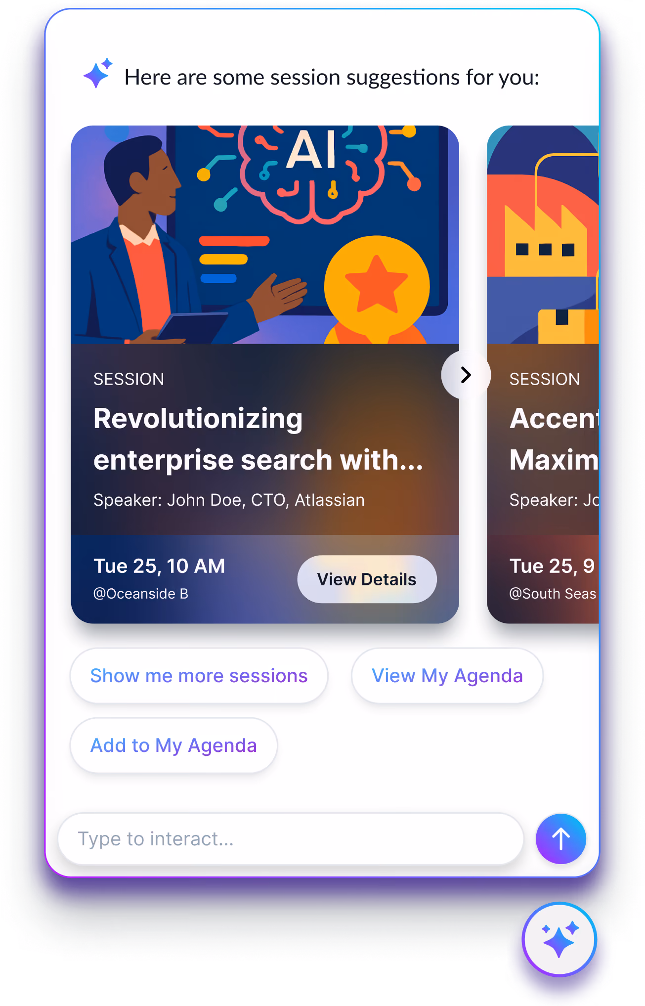 Sidekick chat widget offering session suggestions and adding them to My Agenda