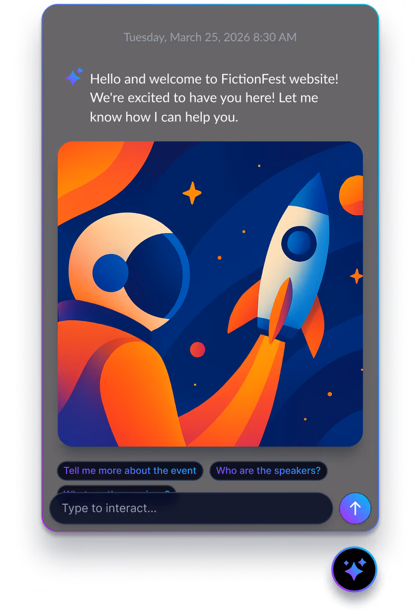 Mobile app screen showing FictionFest'25 welcome message, date March 25, 2026, a colorful planet with rings and rocket illustration, and agenda navigation.
