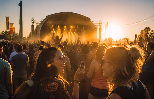 Festival crowd at sunset in front of an outdoor stage