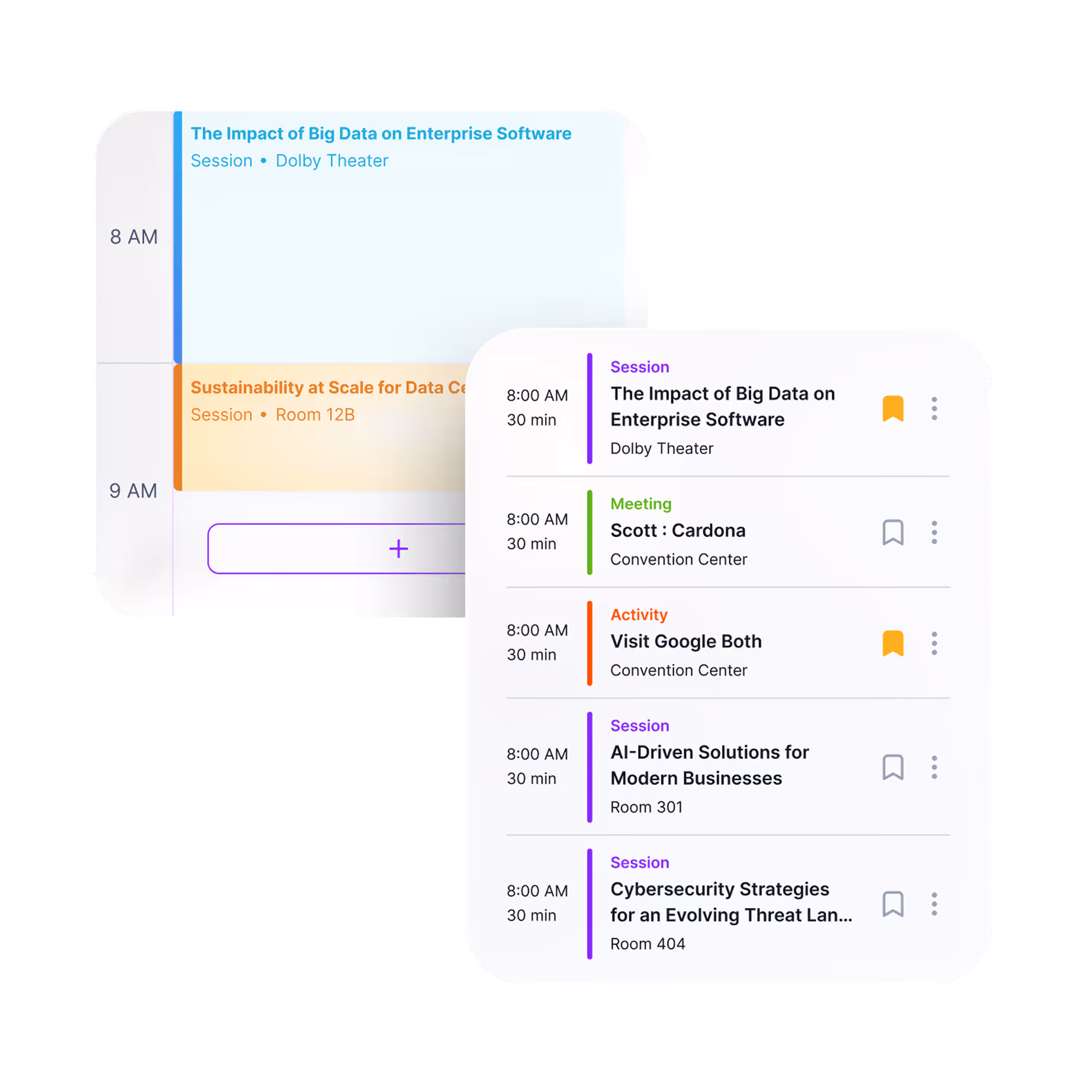 Interactive notification interface with a bell icon, a purple 'New Notification +' button, an alert for a session starting in 10 minutes, and a sponsor card for AWS at the Expo.