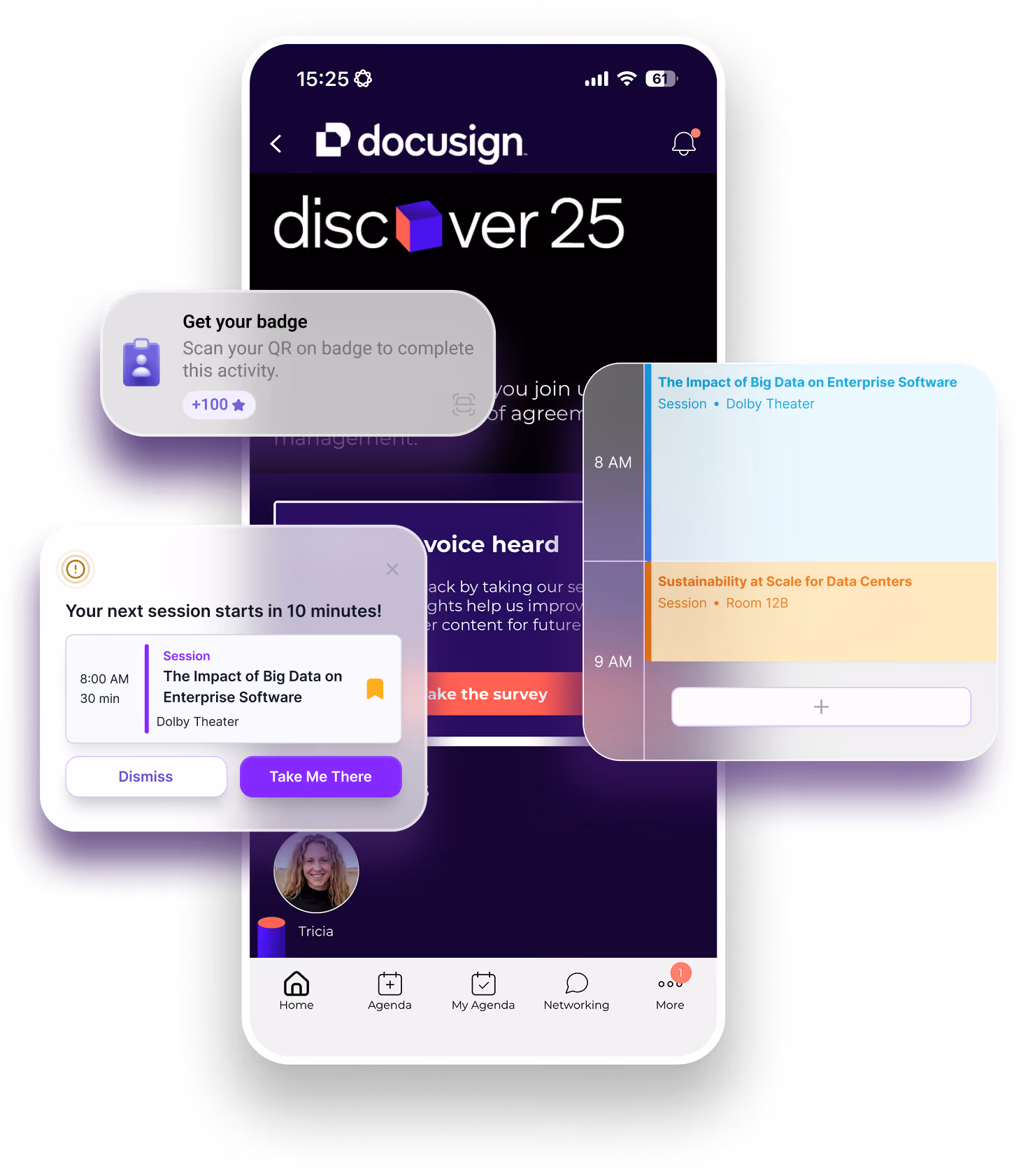 Mobile app screen showing FictionFest'25 welcome message, date March 25, 2026, a colorful planet with rings and rocket illustration, and agenda navigation.