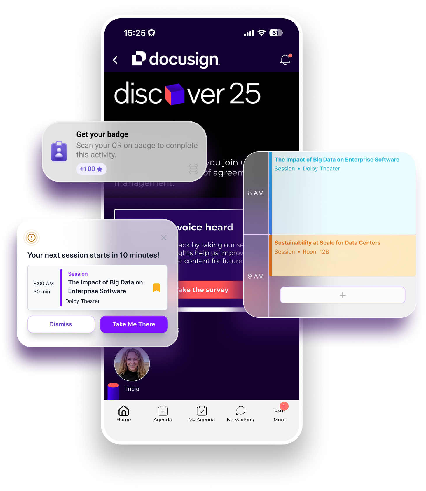 Mobile app screen showing FictionFest'25 welcome message, date March 25, 2026, a colorful planet with rings and rocket illustration, and agenda navigation.