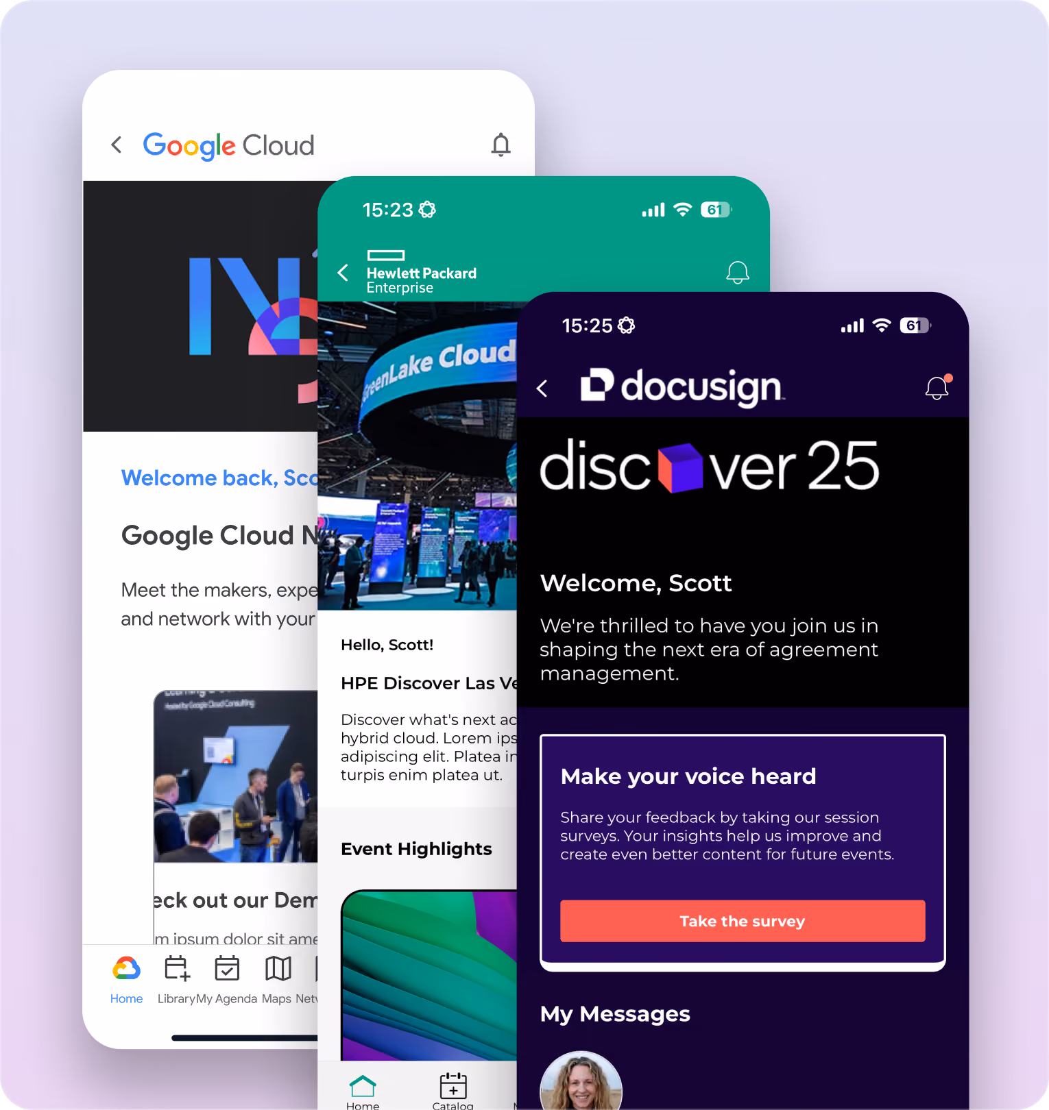 Stacked mobile app screens showing event introductions and dashboards for FictionFest, Google Cloud, Hewlett Packard Enterprise, and DocuSign Discover 25.