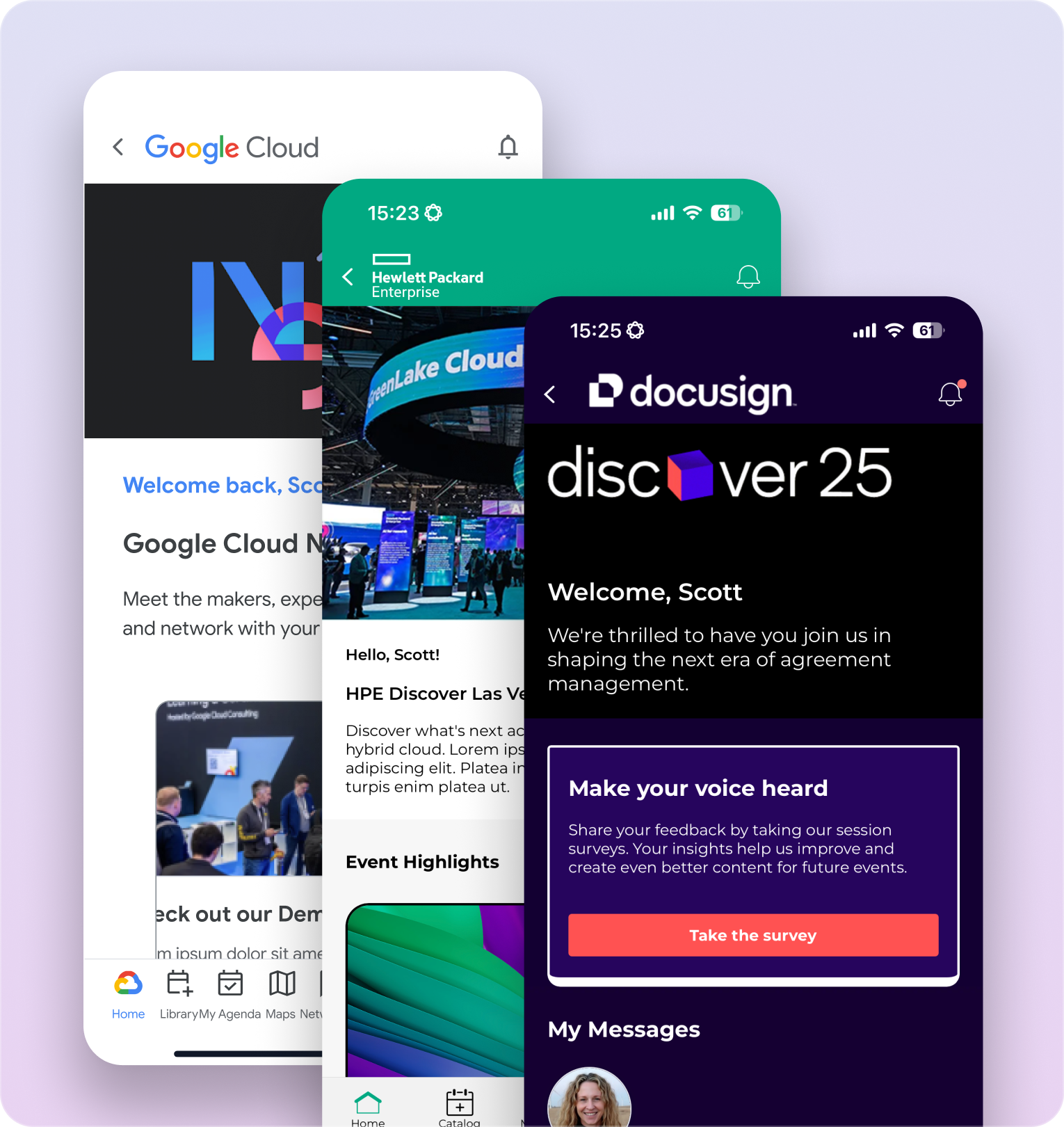 Stacked mobile app screens showing event introductions and dashboards for FictionFest, Google Cloud, Hewlett Packard Enterprise, and DocuSign Discover 25.