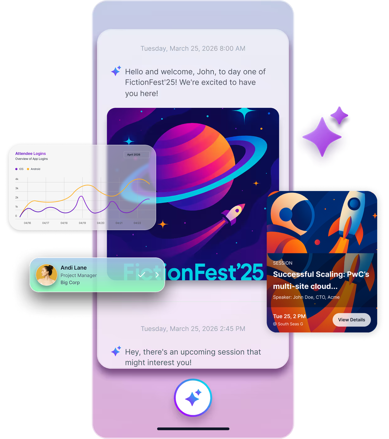 Mobile app screen showing FictionFest'25 welcome message, date March 25, 2026, a colorful planet with rings and rocket illustration, and agenda navigation.
