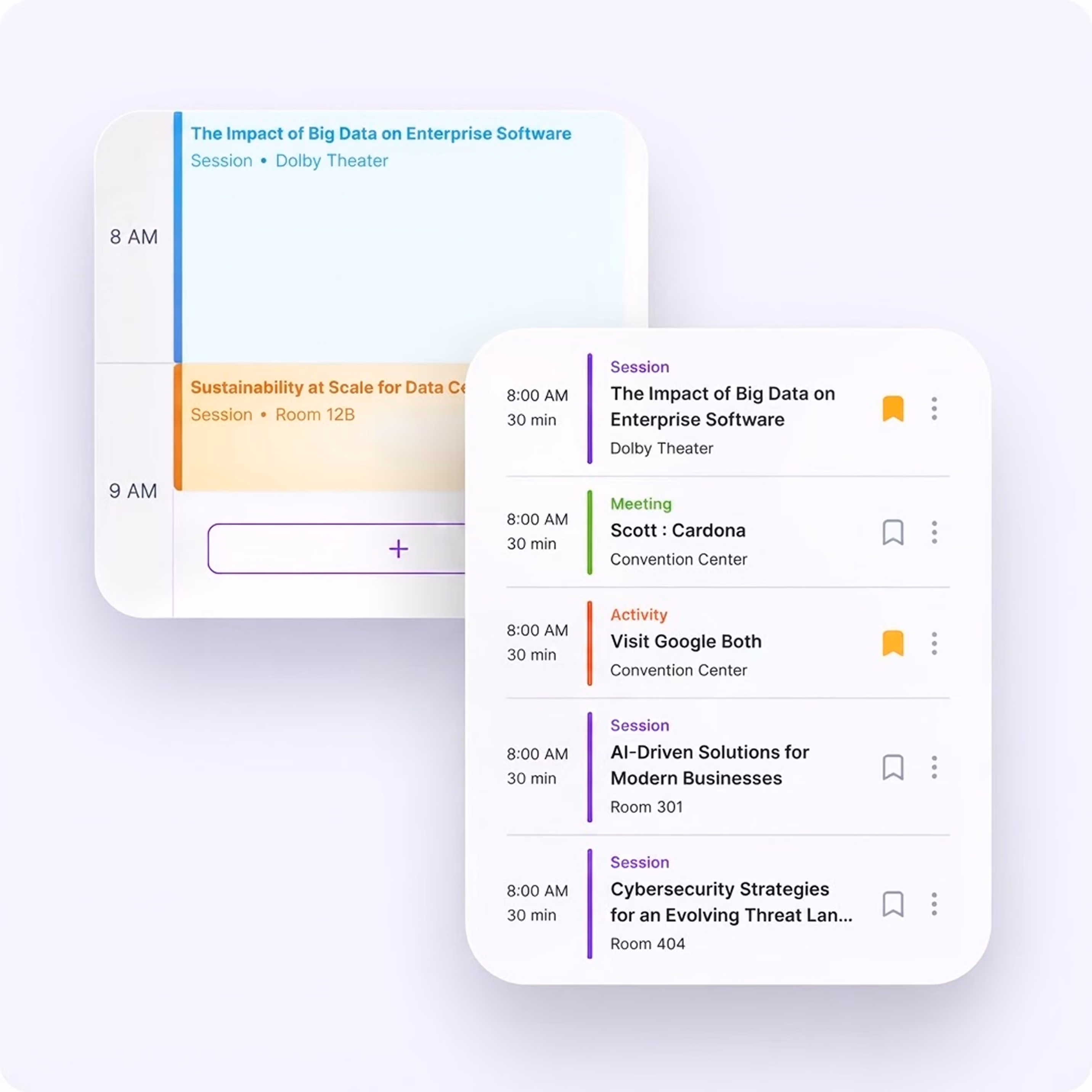 Mobile app screen showing attendee profile for Phoenix Baker, Senior Developer, with options to book a meeting or add to contacts and a pop-up confirming meeting schedule.