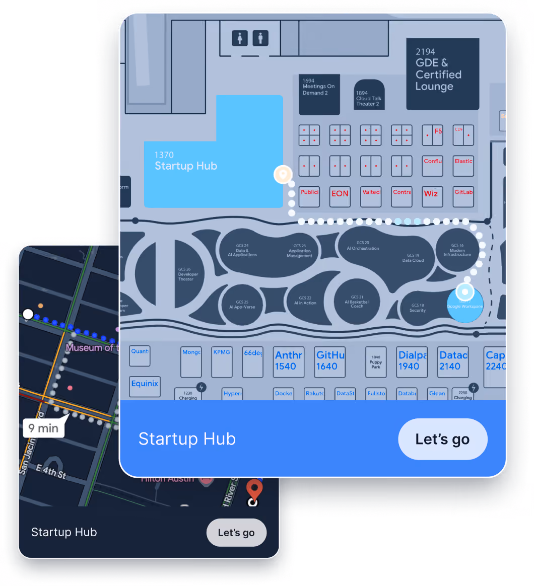 Mobile app screen showing event highlights with Copilot AI innovation, top sponsors info, AWS sponsor popup, and navigation bar.