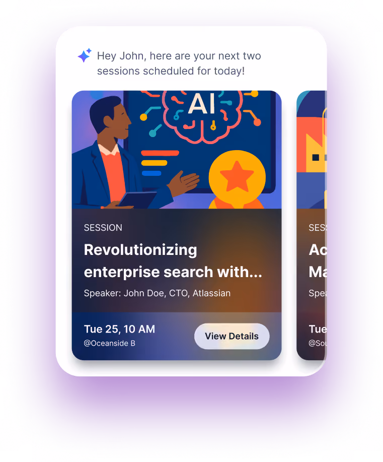Mobile app screen showing attendee profile for Phoenix Baker, Senior Developer, with options to book a meeting or add to contacts and a pop-up confirming meeting schedule.