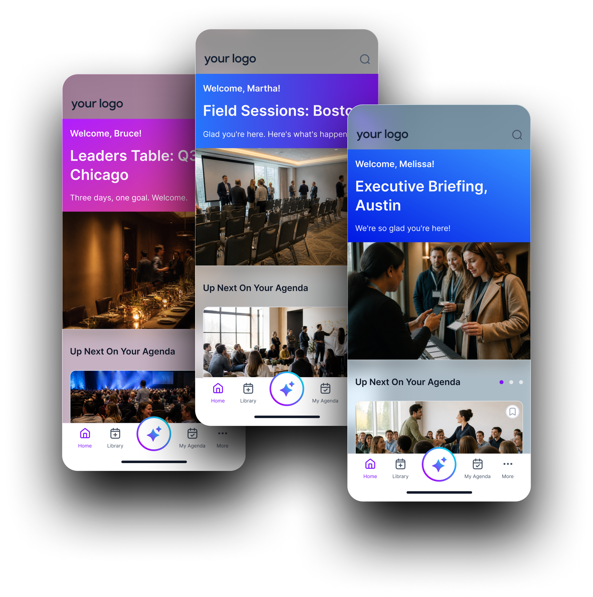 Mobile screen showing DocuSign Discover 25 event welcome message, a survey invitation, and a message from Tricia, with an app dashboard visible in the background.