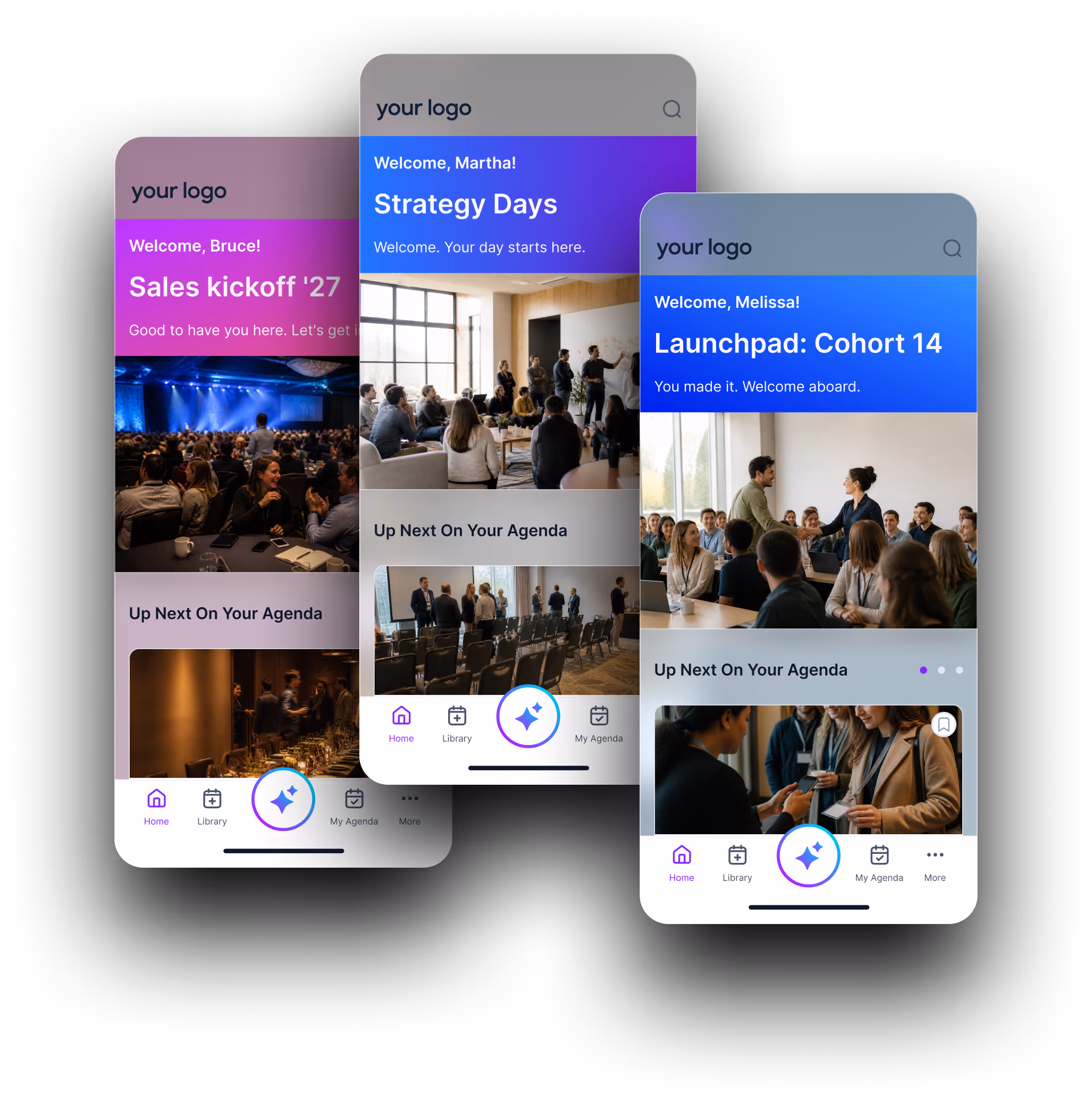 Mobile screen showing DocuSign Discover 25 event welcome message, a survey invitation, and a message from Tricia, with an app dashboard visible in the background.