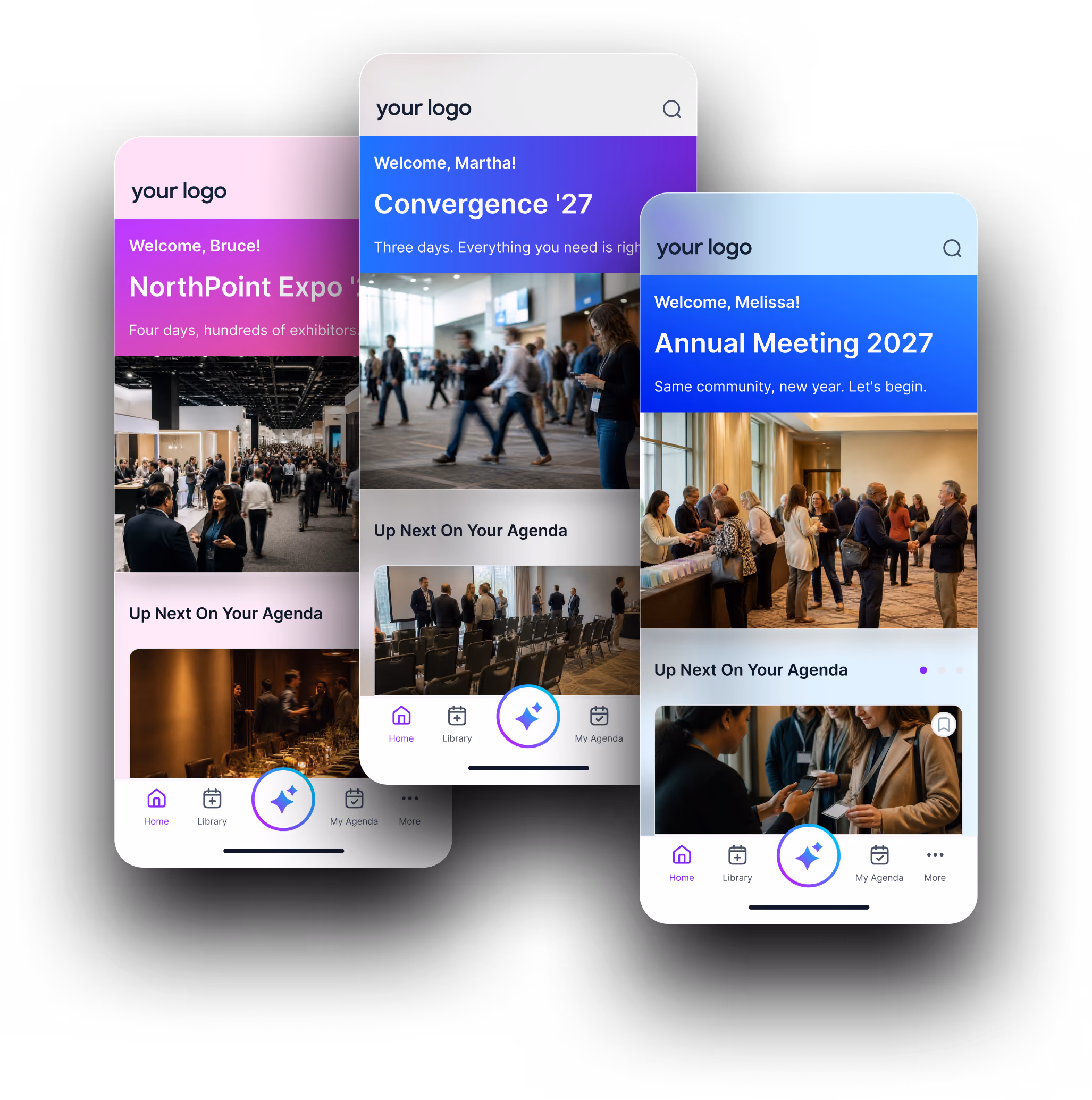 Mobile screen showing DocuSign Discover 25 event welcome message, a survey invitation, and a message from Tricia, with an app dashboard visible in the background.