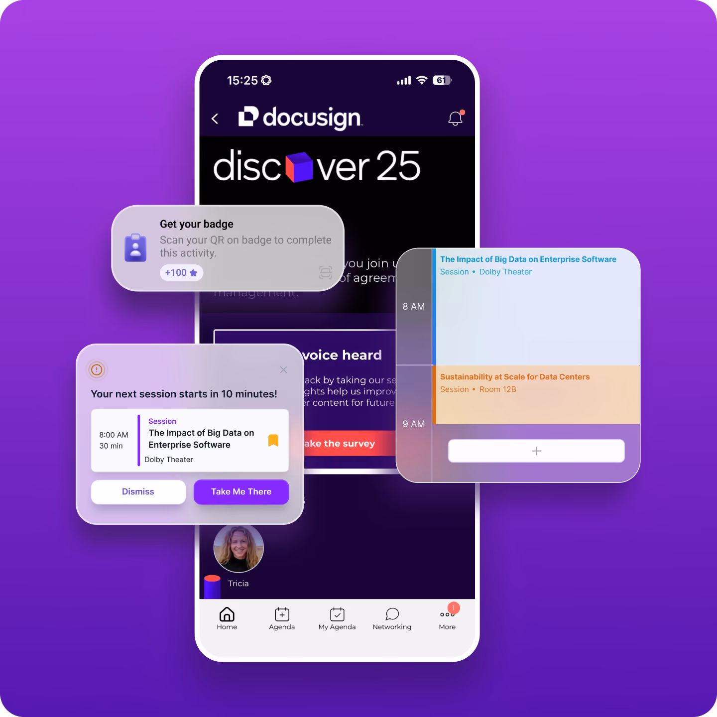 Chat interface showing attendee Lana Steiner, Senior Developer at Acme Inc, saying 'Hey, let's meet after the talk' and a reply bubble saying 'Let's do it!' with a heart emoji.
