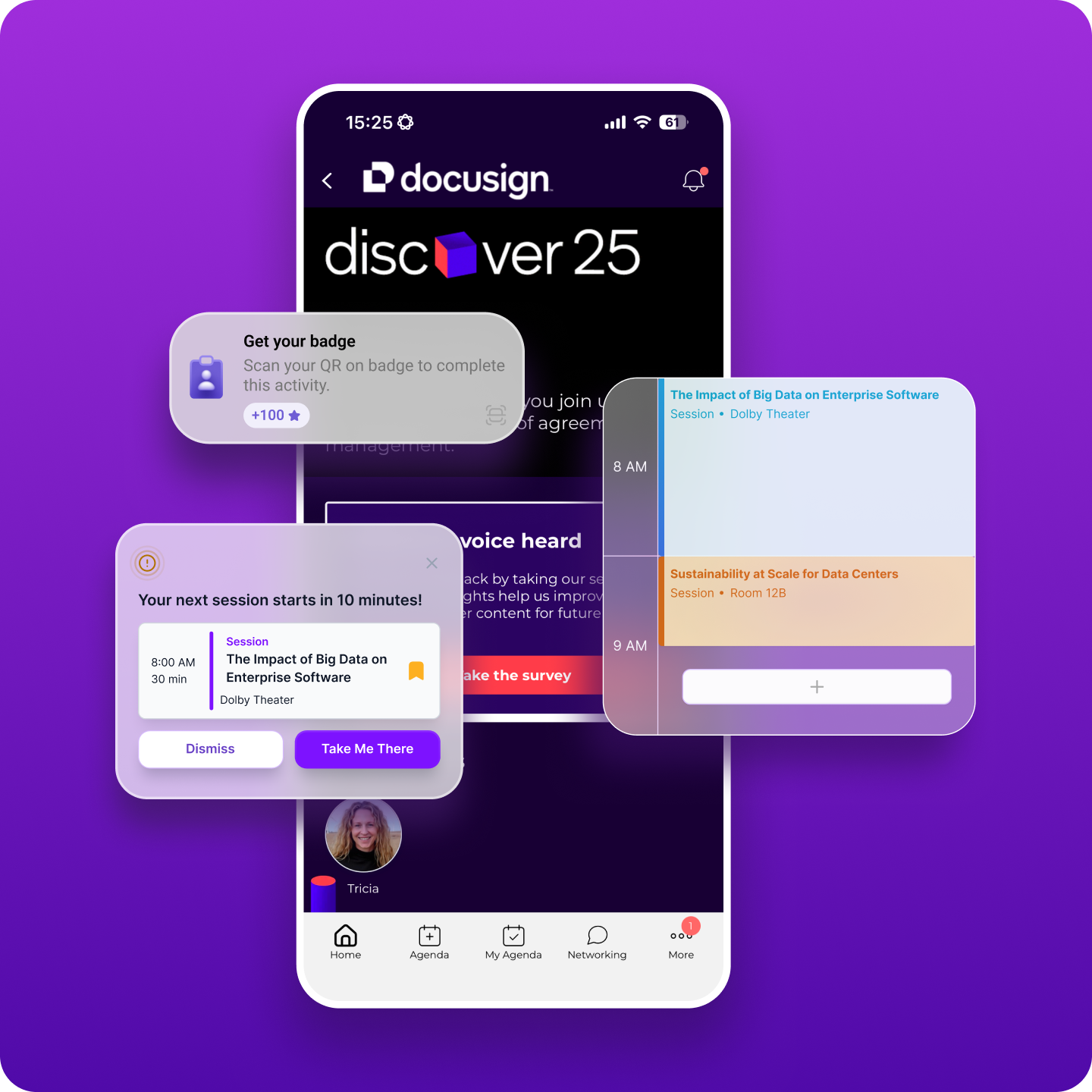 Chat interface showing attendee Lana Steiner, Senior Developer at Acme Inc, saying 'Hey, let's meet after the talk' and a reply bubble saying 'Let's do it!' with a heart emoji.