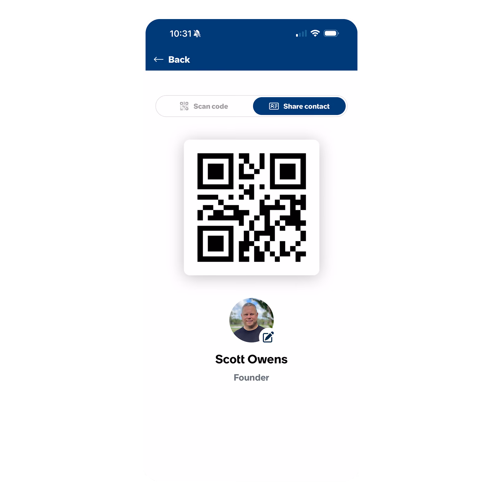 Mobile app interface titled Lead Scanner showing a central QR code, options to select a lead form, and floating user cards for Andi Lane, Project Manager at Big Corp, and Orlando Ray, Senior Developer at Umbrella Corporation.