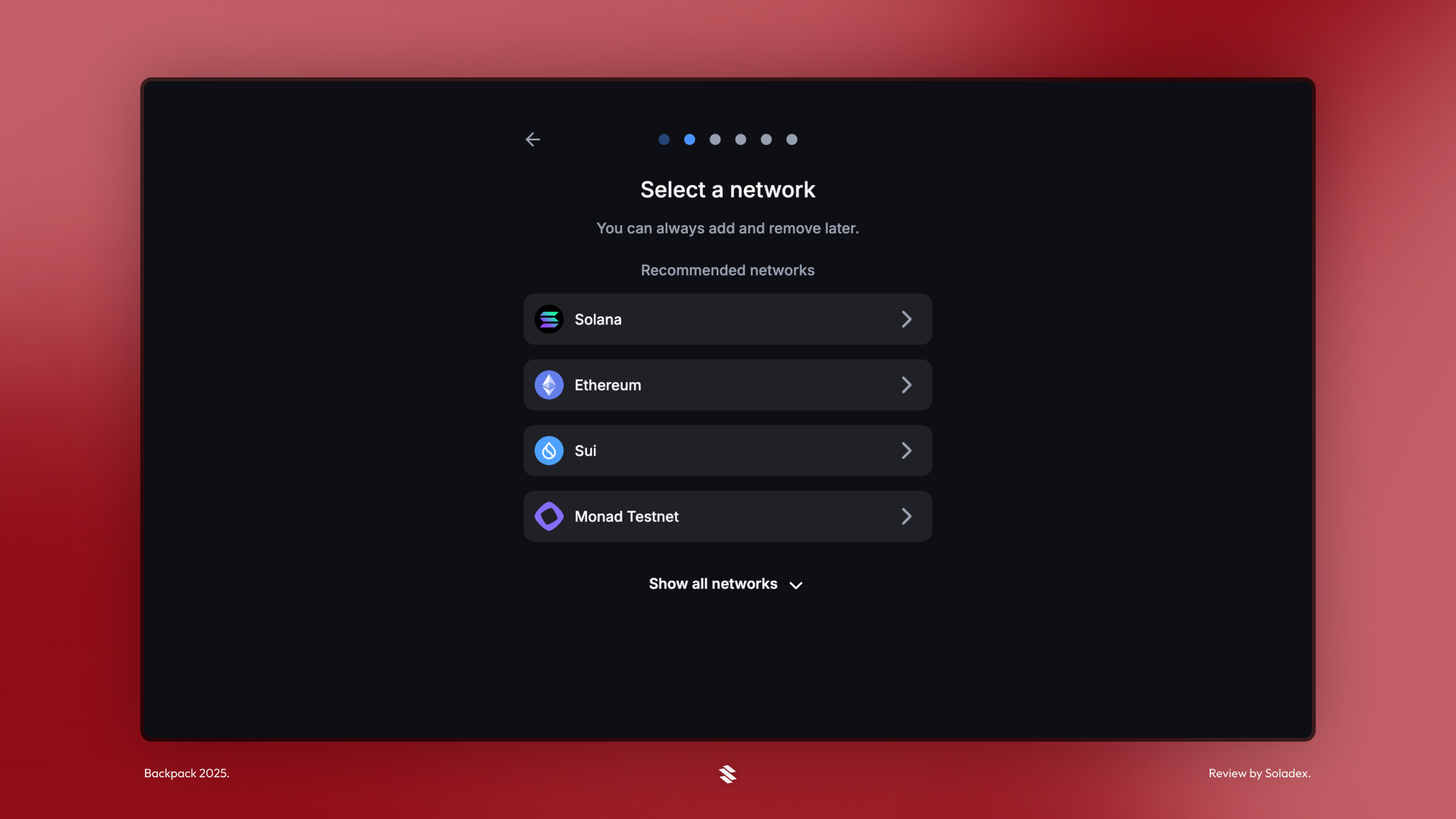 Selecting a blockchain inside Backpack