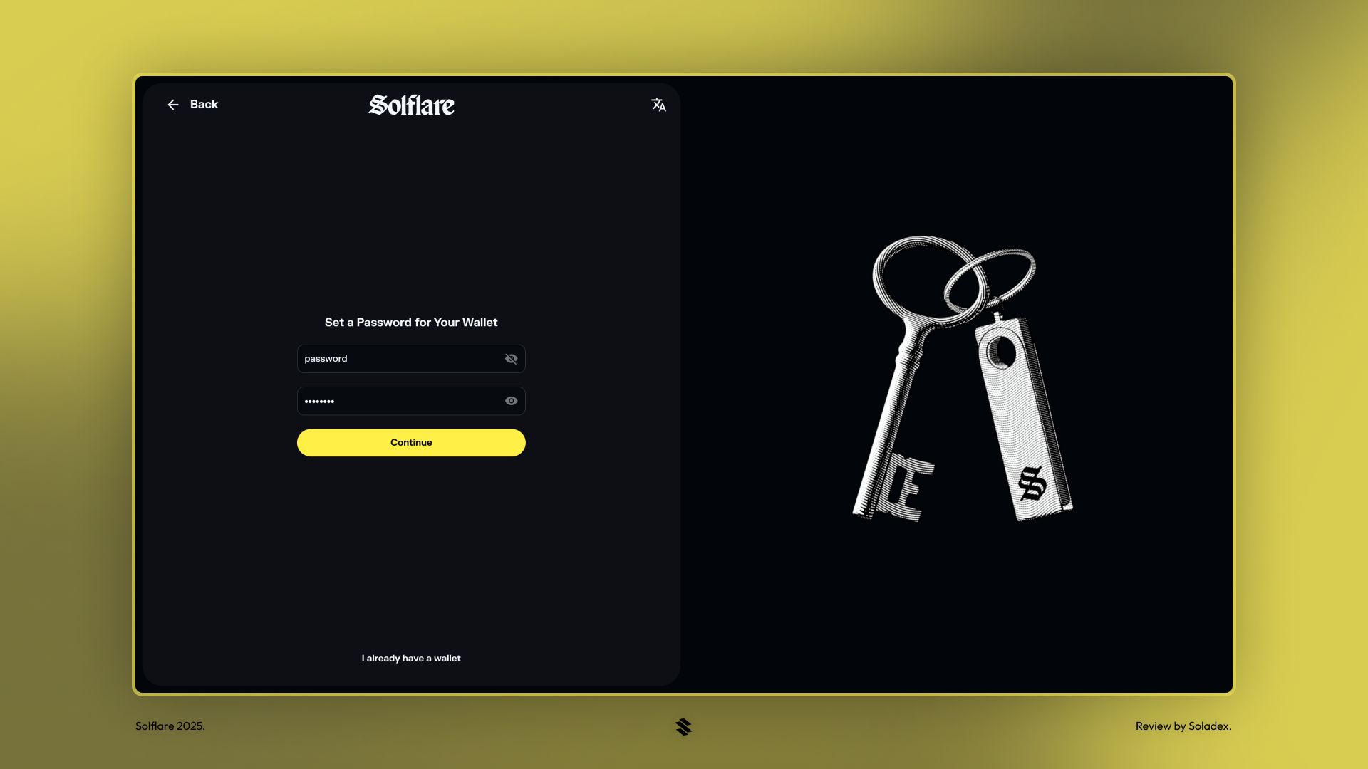 Setting a custom password to protect your solflare wallet.