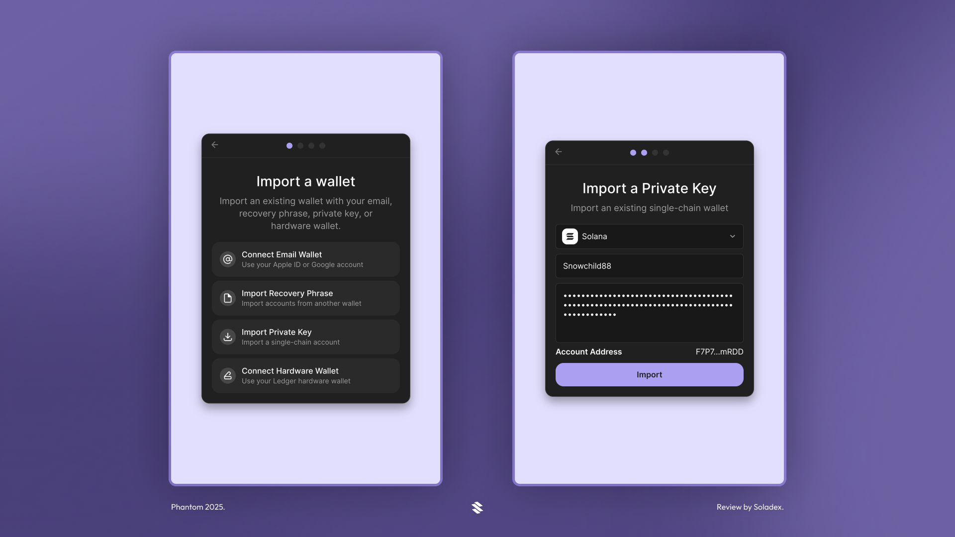 Importing an existing wallet into Phantom with a private key.
