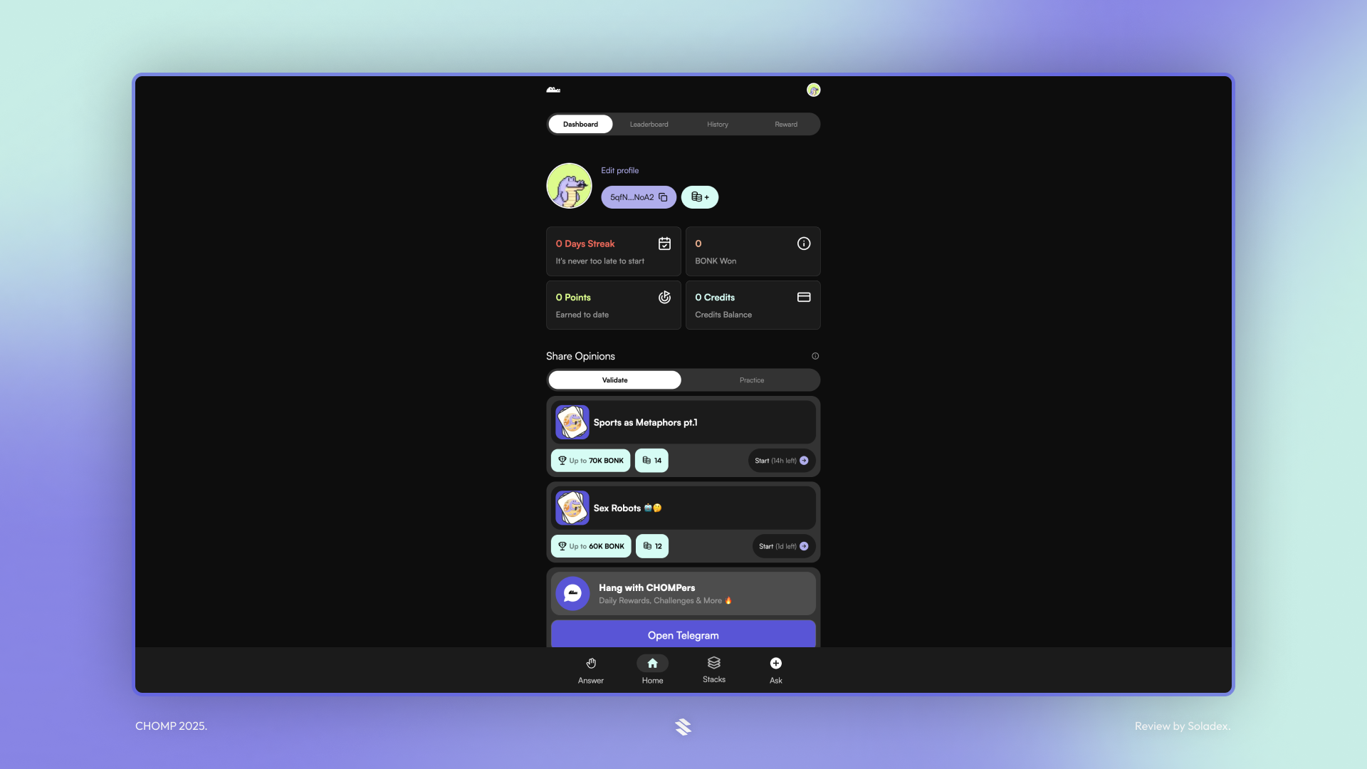 A view of the CHOMP dashboard on Solana