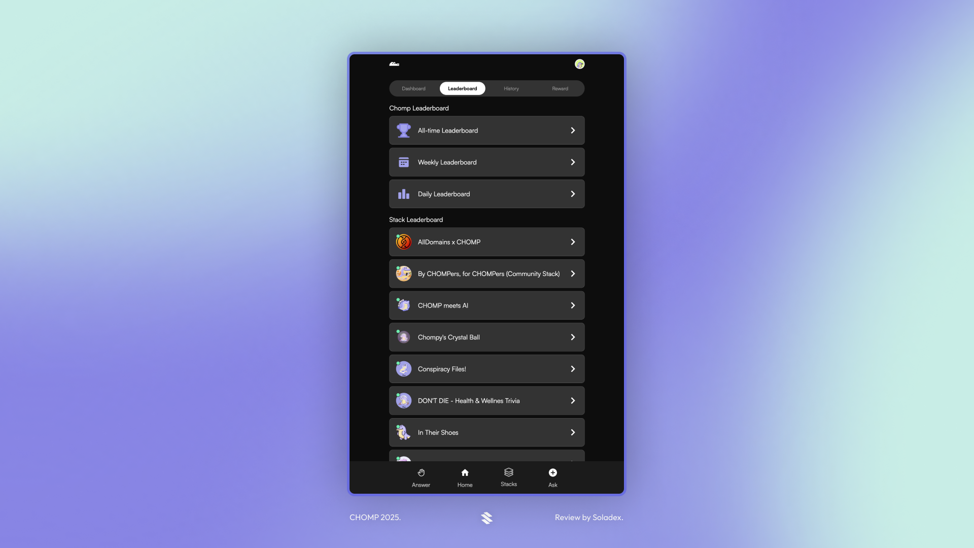 A view of the CHOMP leaderboard