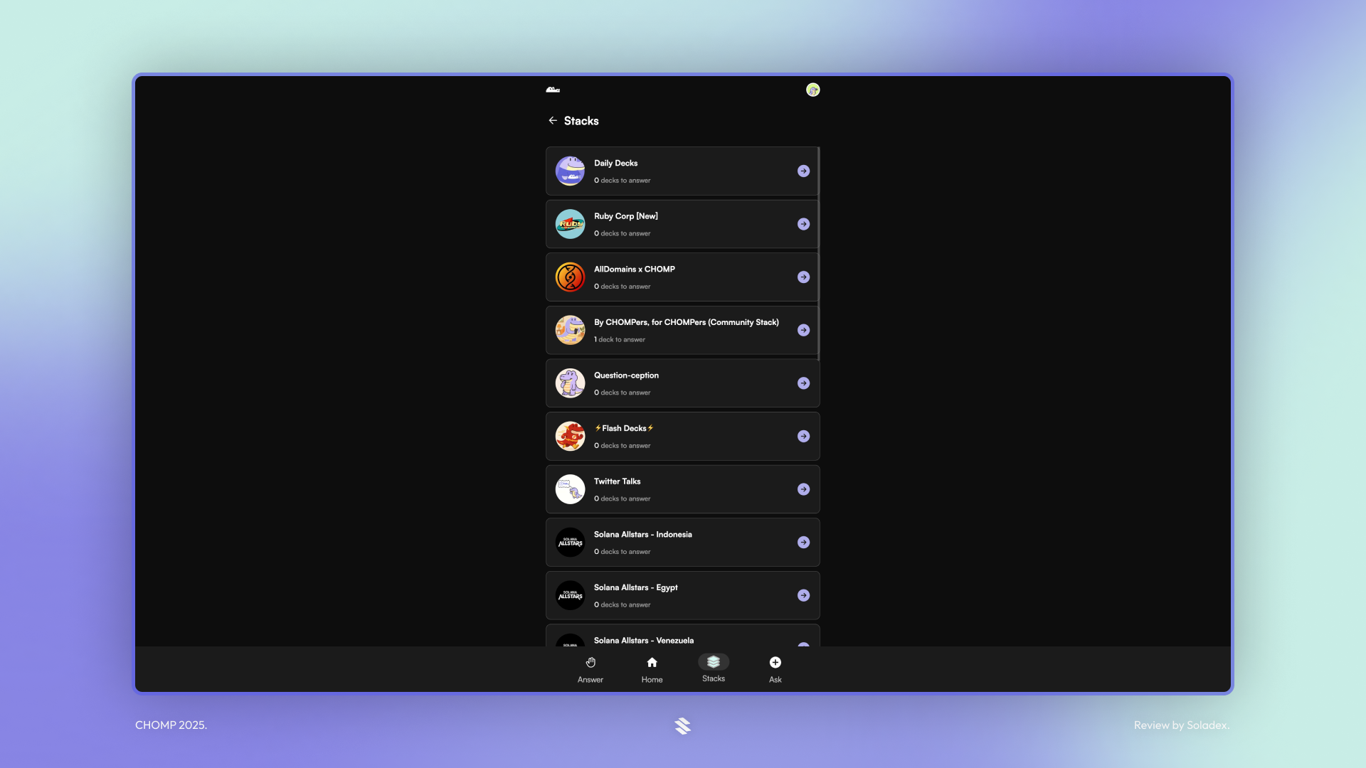 Listing all the stacks available on CHOMP