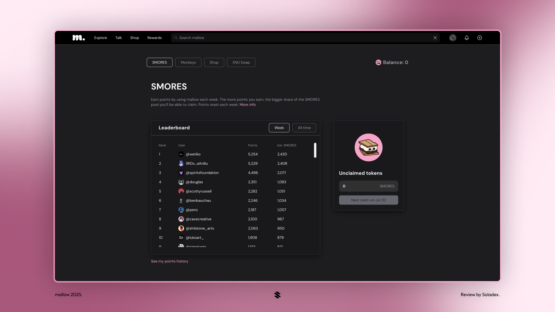 Smores token leaderboard