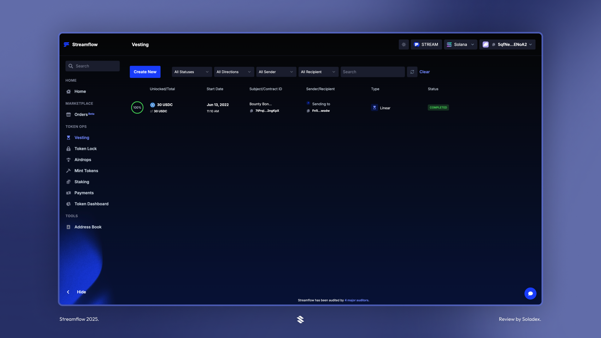 Token vesting page showing active payouts