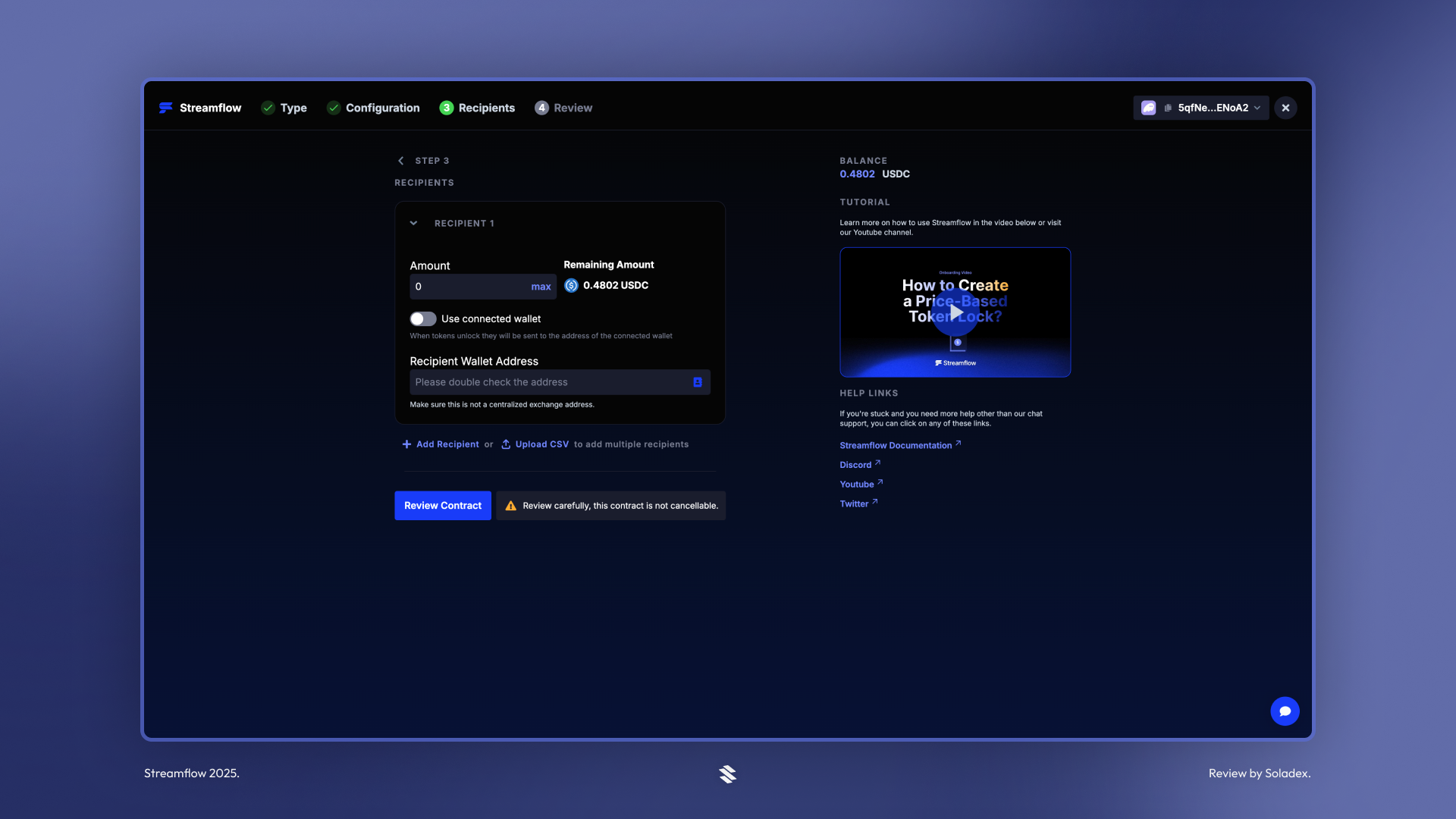 Configuring recipients for locked tokens inside the Streamflow application.