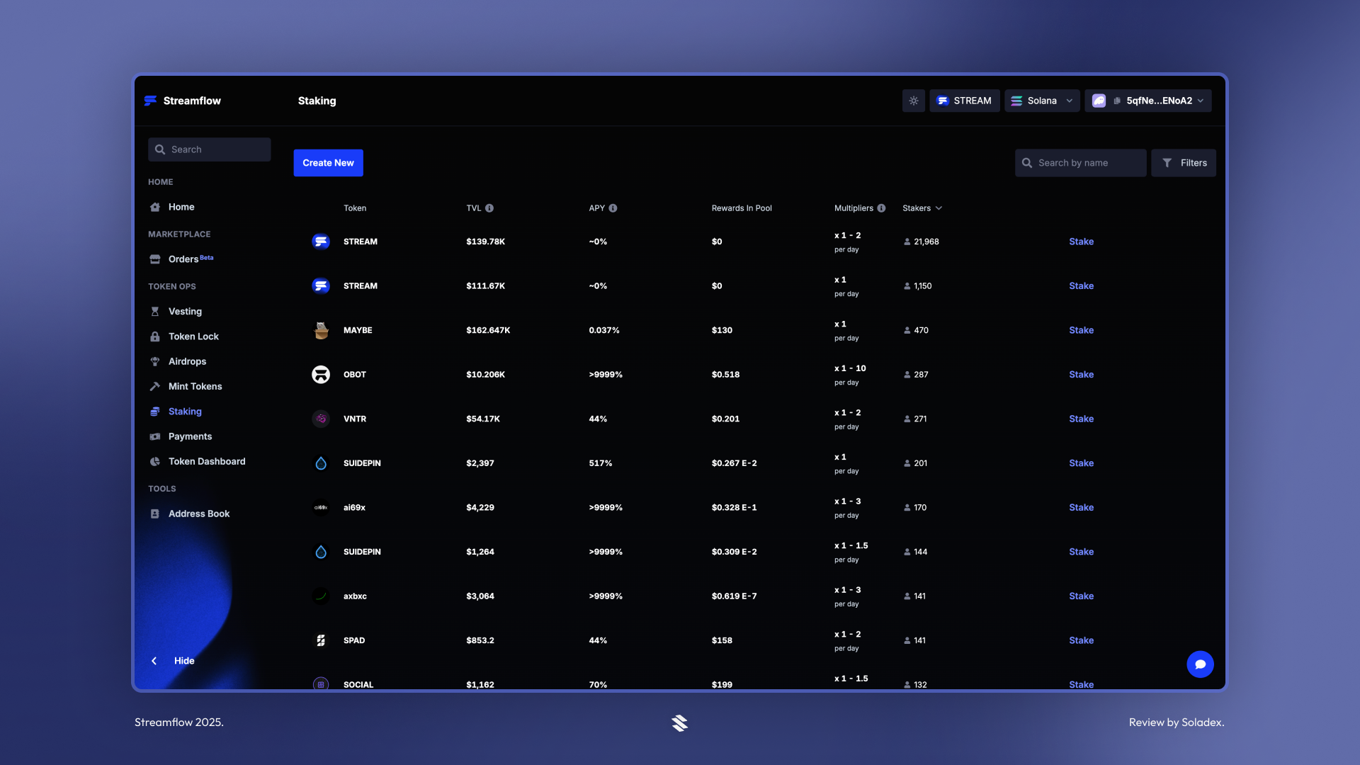 Staking dashboard on Streamflow
