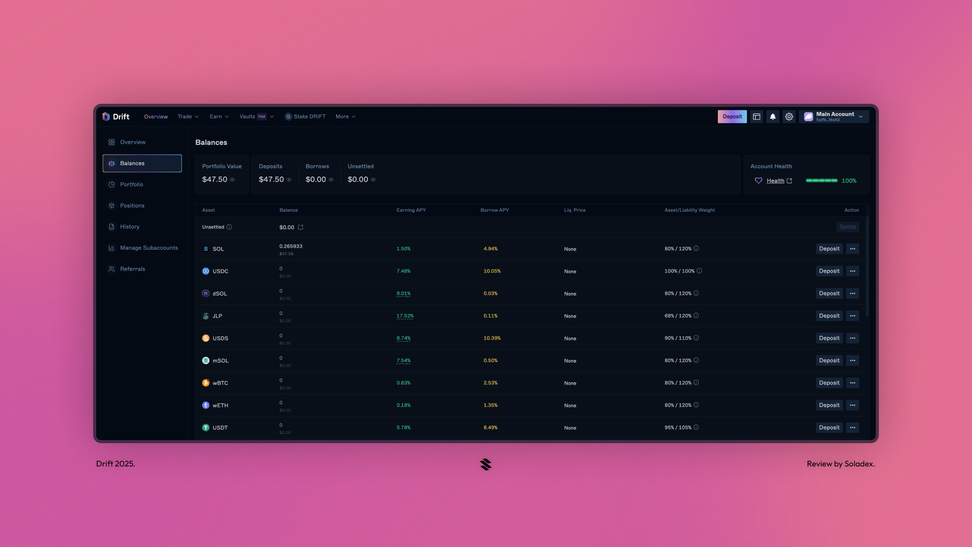 Balances page showing deposited assets.