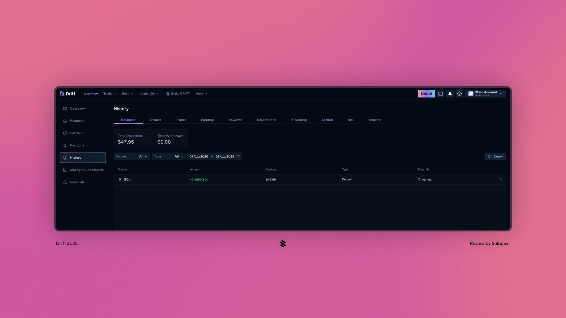 The account history page showing past transactions.
