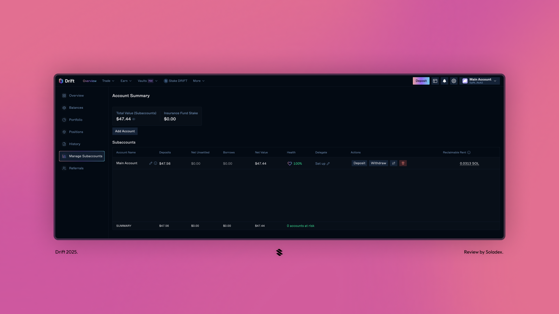 Subaccounts screen