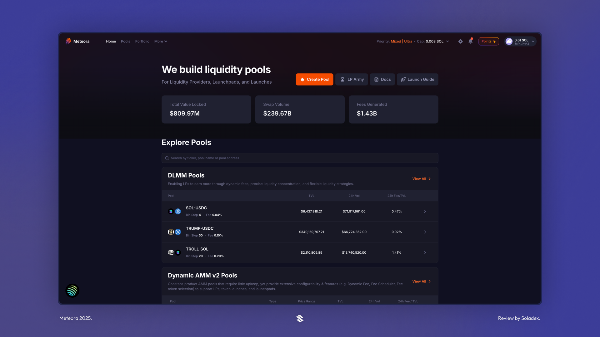 The homepage of Meteora showing liquidity pools