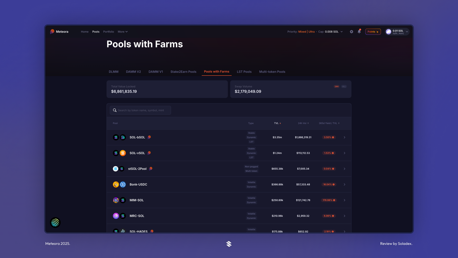 Showing the available liquidity pools on Meteora that have farms