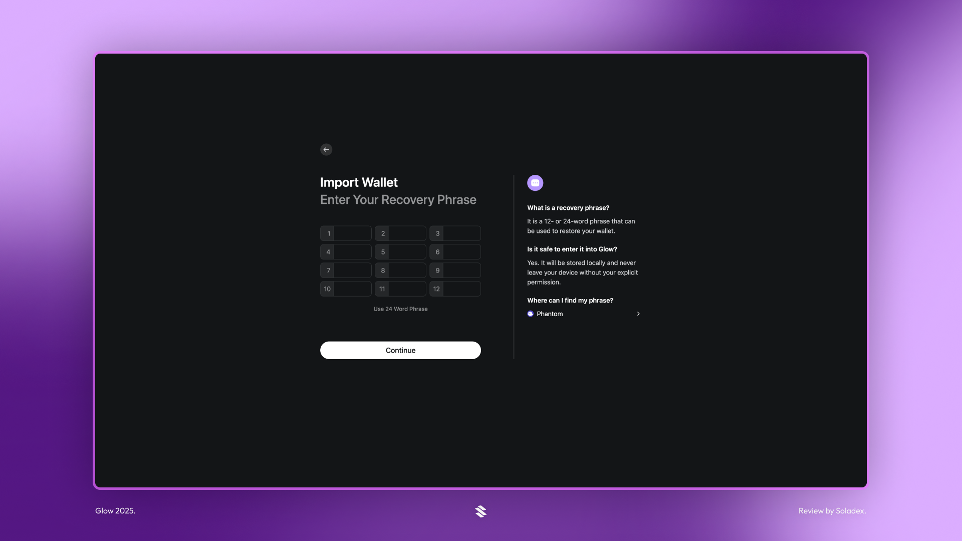 Importing a 12 word seed phrase into Glow wallet