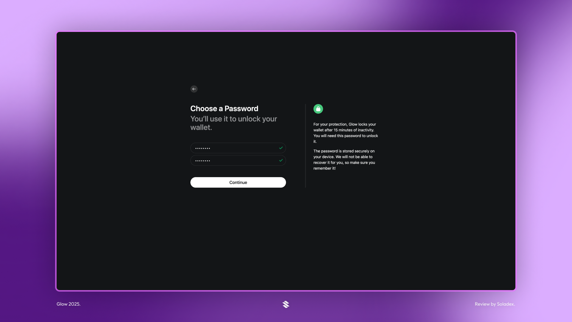 Creating a password on Glow wallet