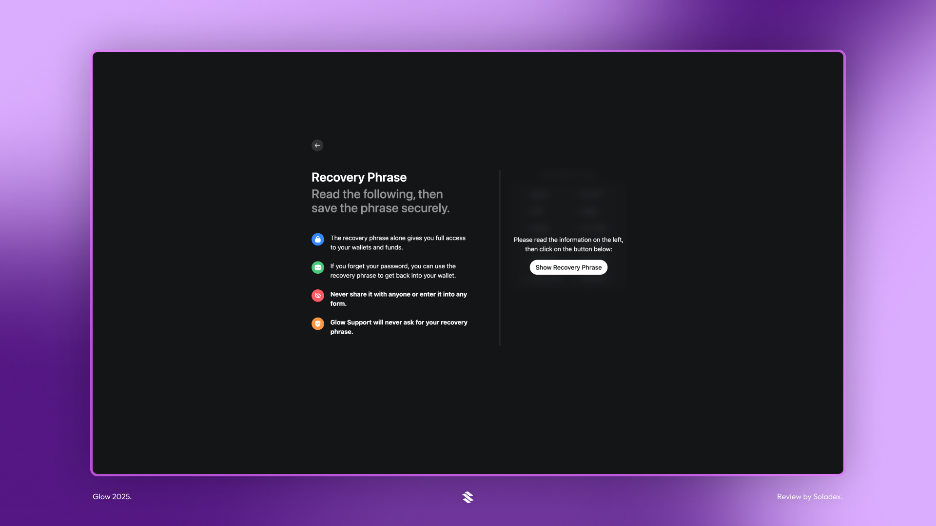 Setting a recovery phrase in Glow