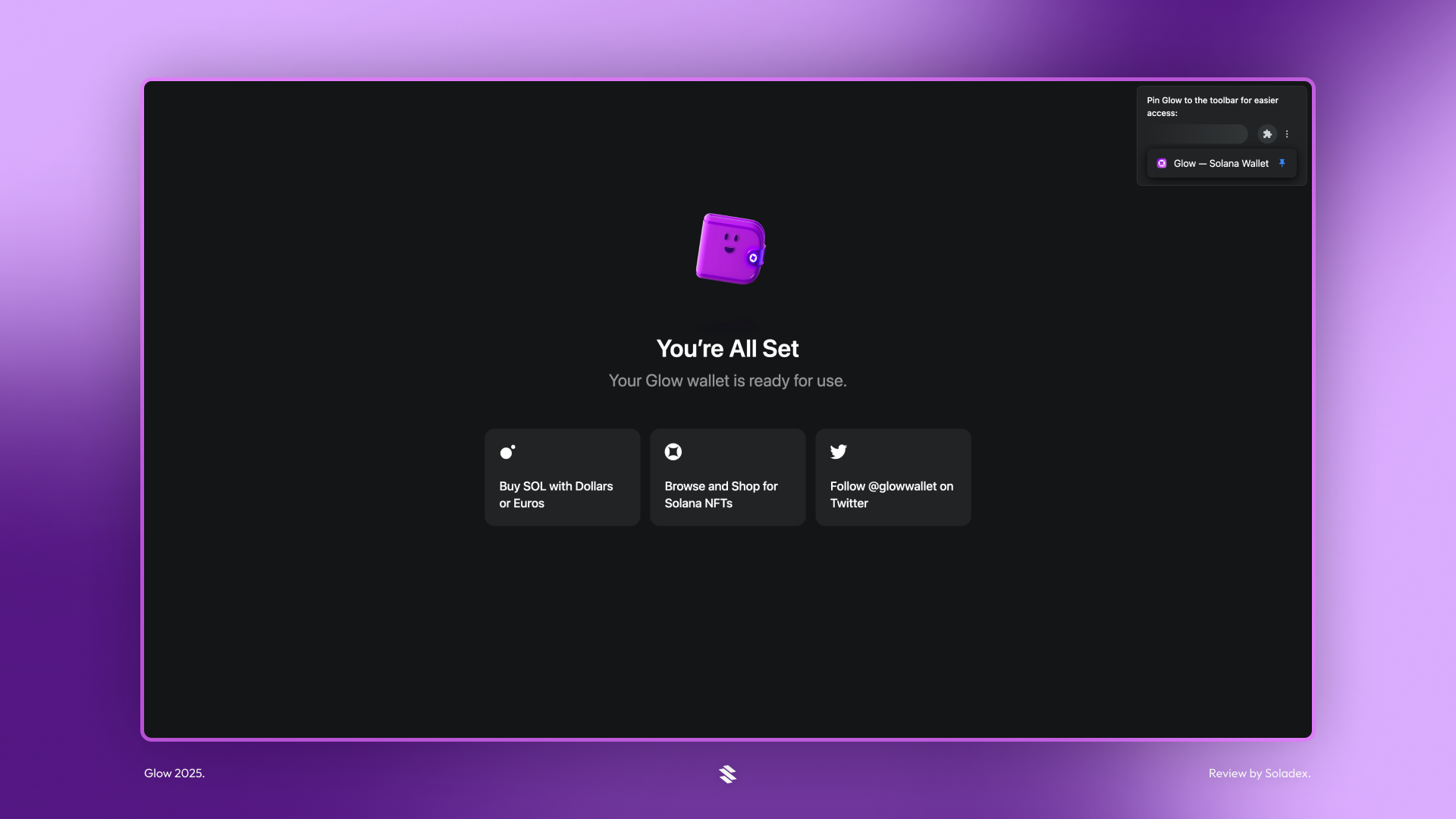 Confirmation screen that Glow wallet is all set up