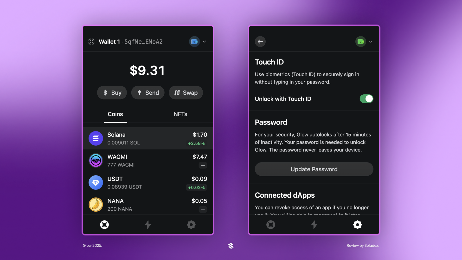 Example screens captured from a real Glow wallet user