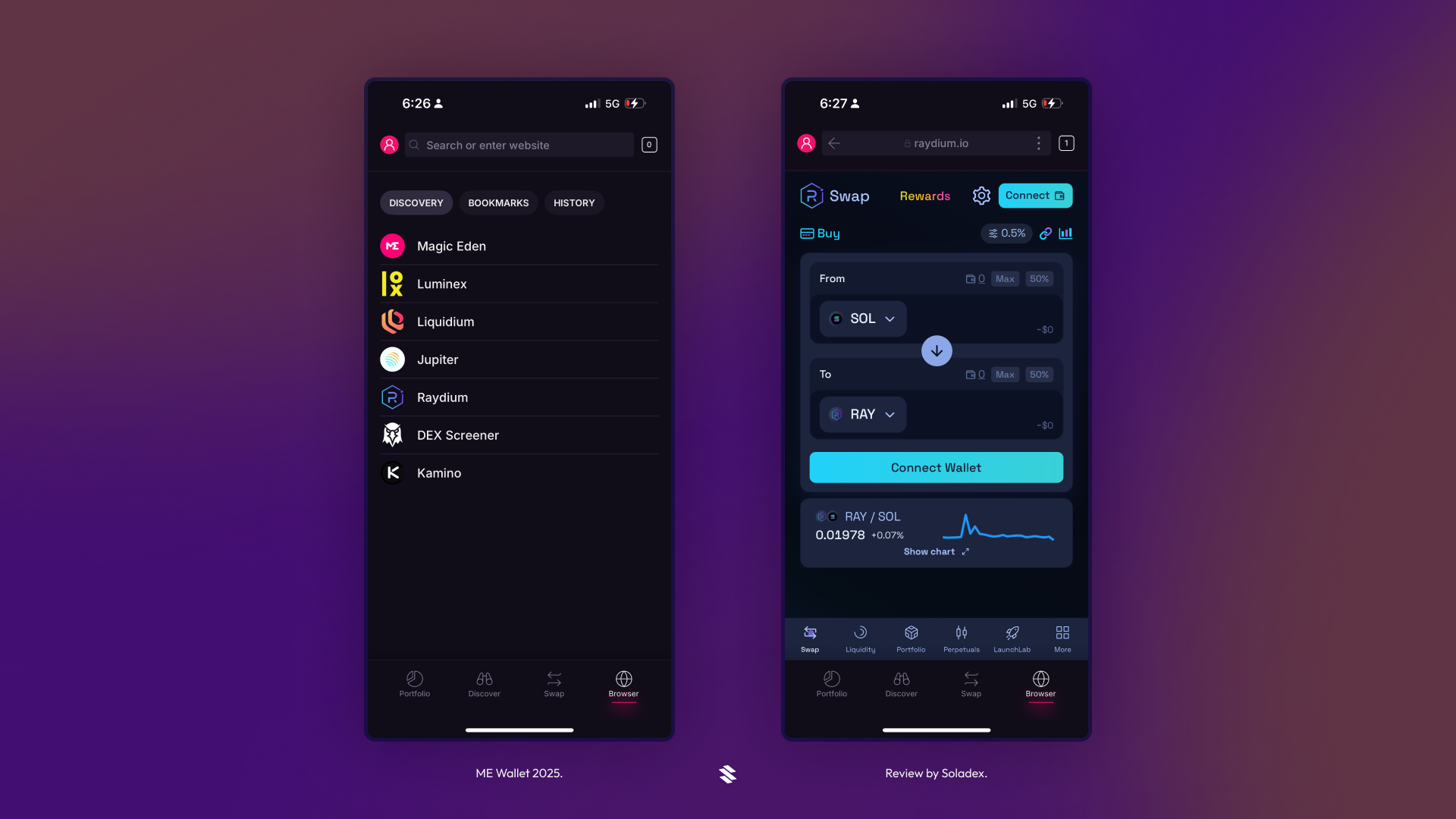 The built in browser showing the user navigating to the Raydium dApp