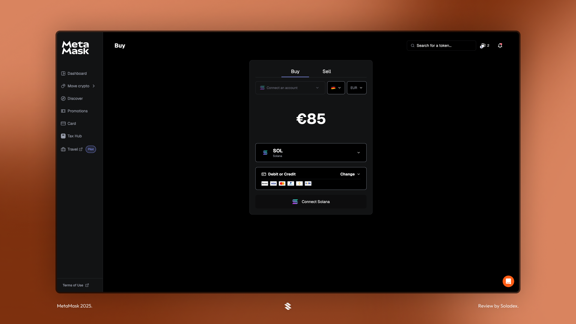Buying 85 euros worth of SOL inside MetaMask