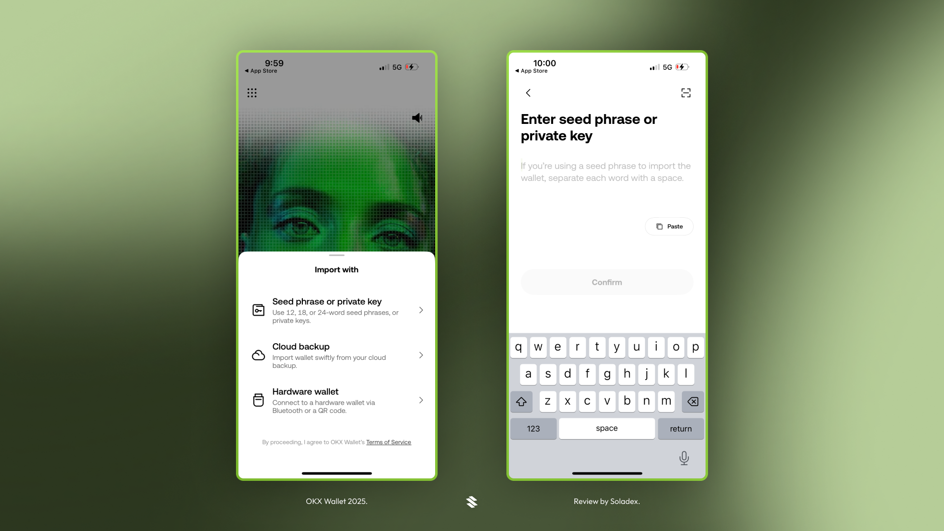 OKX wallet prompting the user for a seed phrase or private key to import.