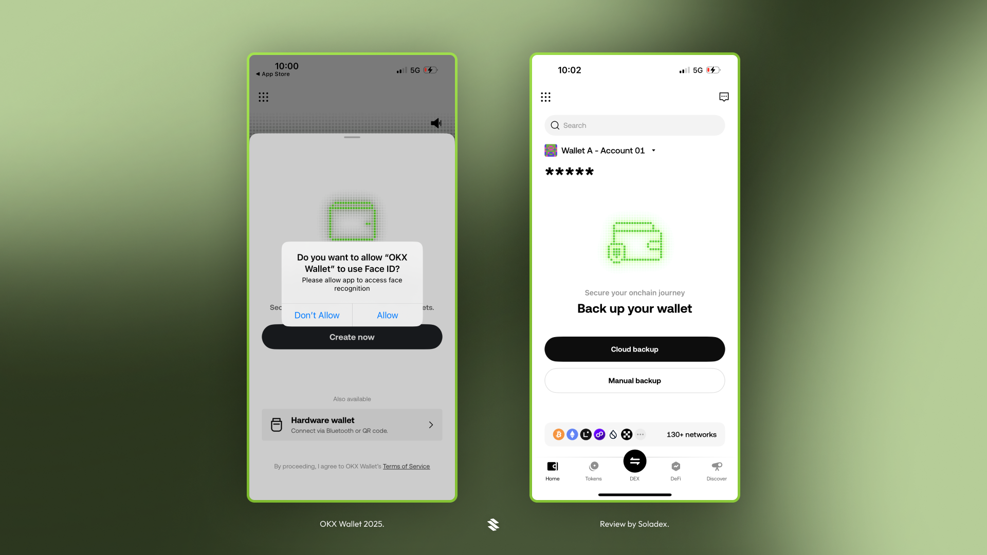 OKX wallet prompting the user to activate Face ID and back up their wallet with cloud or manual options.