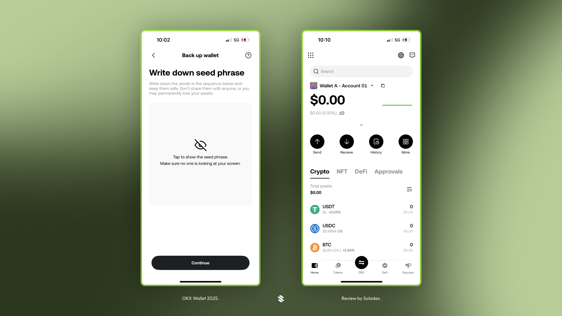 OKX Wallet giving the user access to save the seed phrase