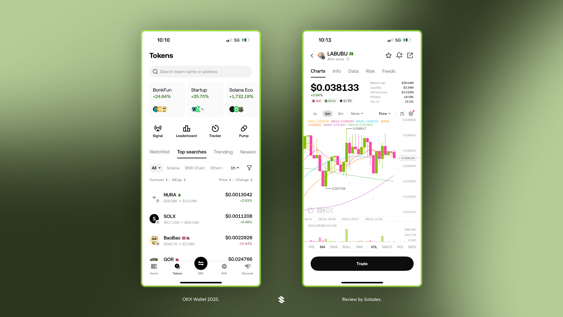 The tokens screen inside OKX wallet, including a price chart for a memecoin