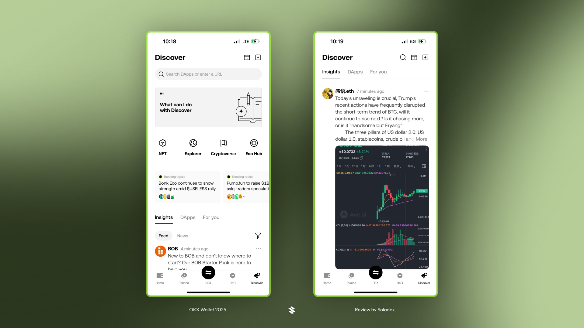 The Discover tab inside OKX wallet showing other user insights about various tokens' price action